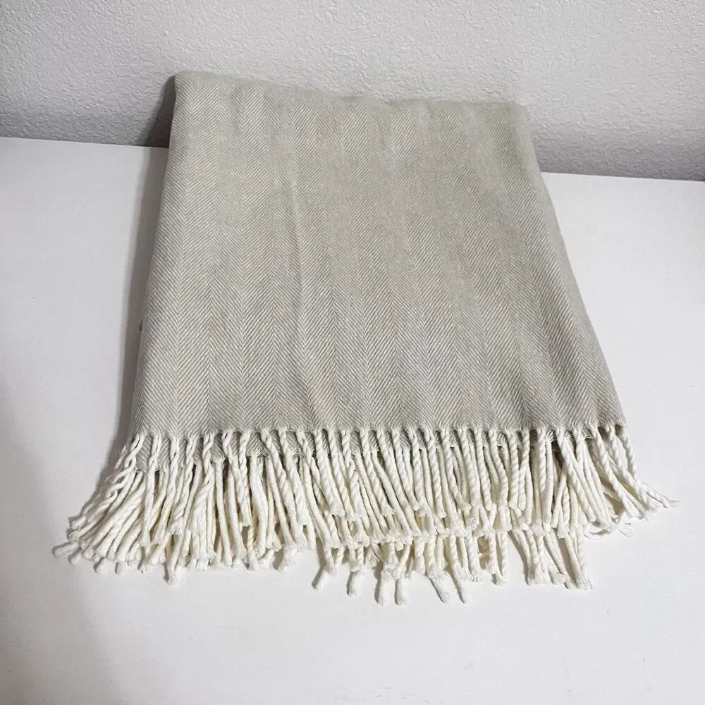 Lands Downunder Italian Herringbone Fringed Beige Throw Blanket Soft Italy